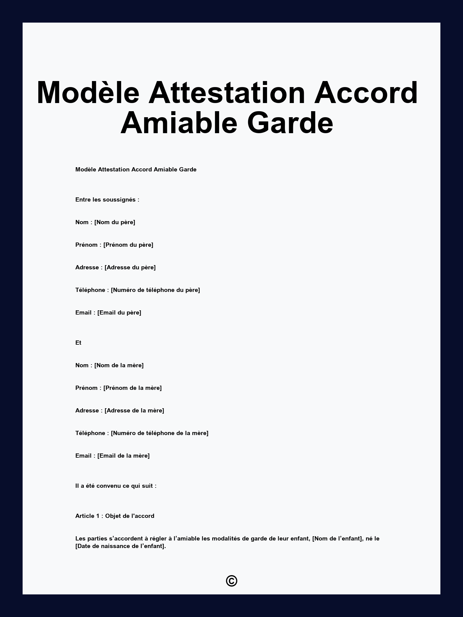 Modèle Attestation Accord Amiable Garde