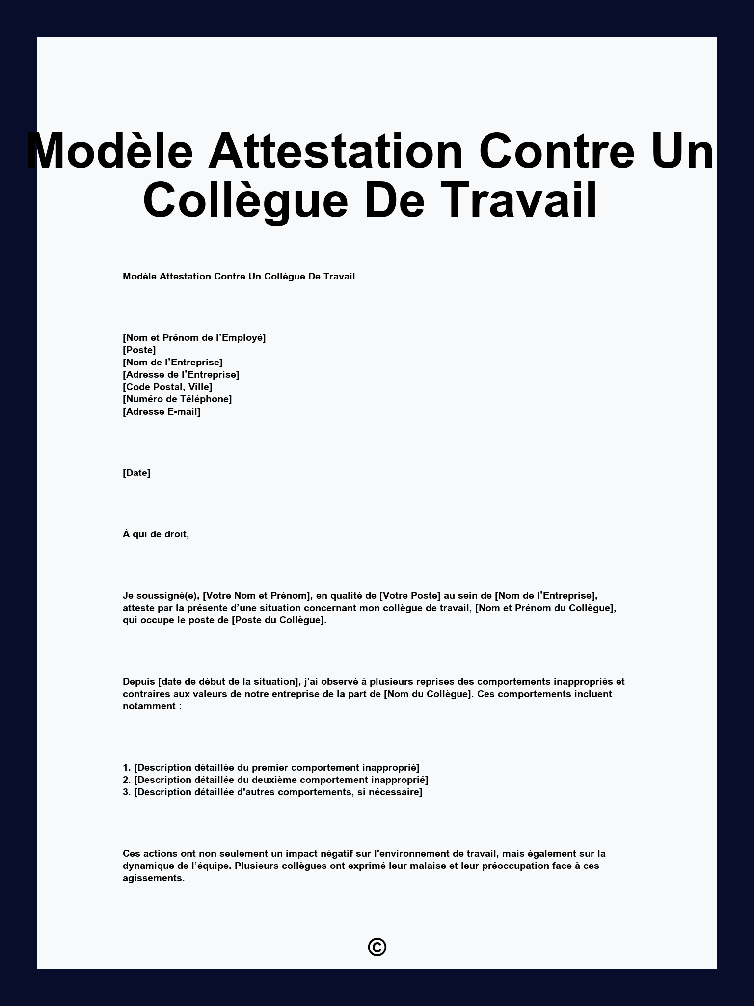 Modèle Attestation Contre Un Collègue De Travail