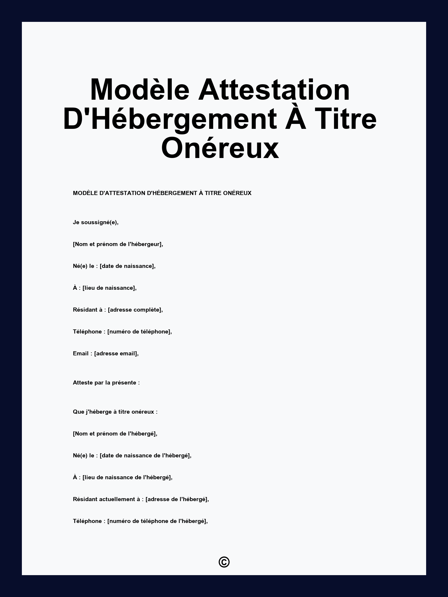 Modèle Attestation D'Hébergement À Titre Onéreux