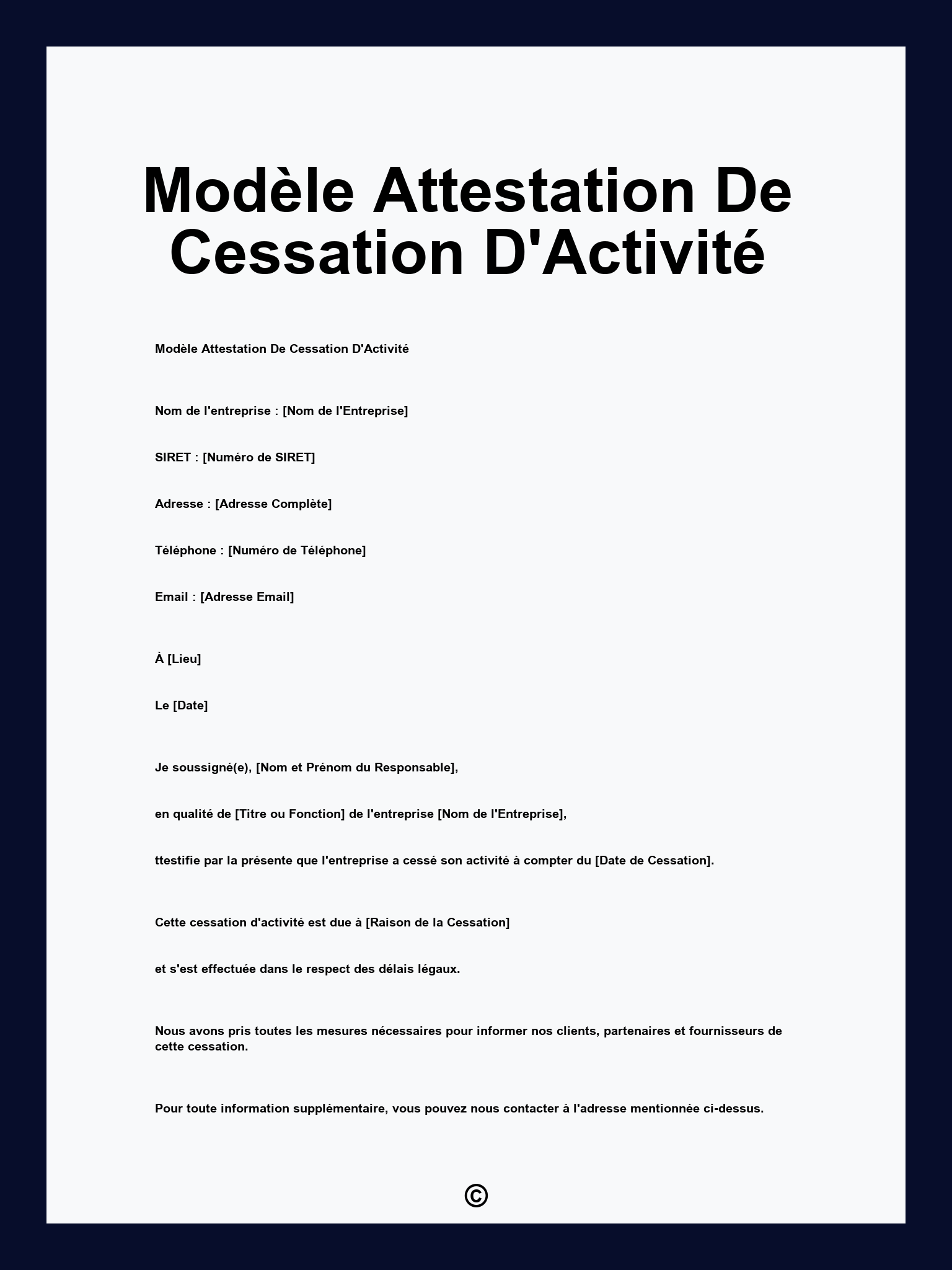 Modèle Attestation De Cessation D'Activité