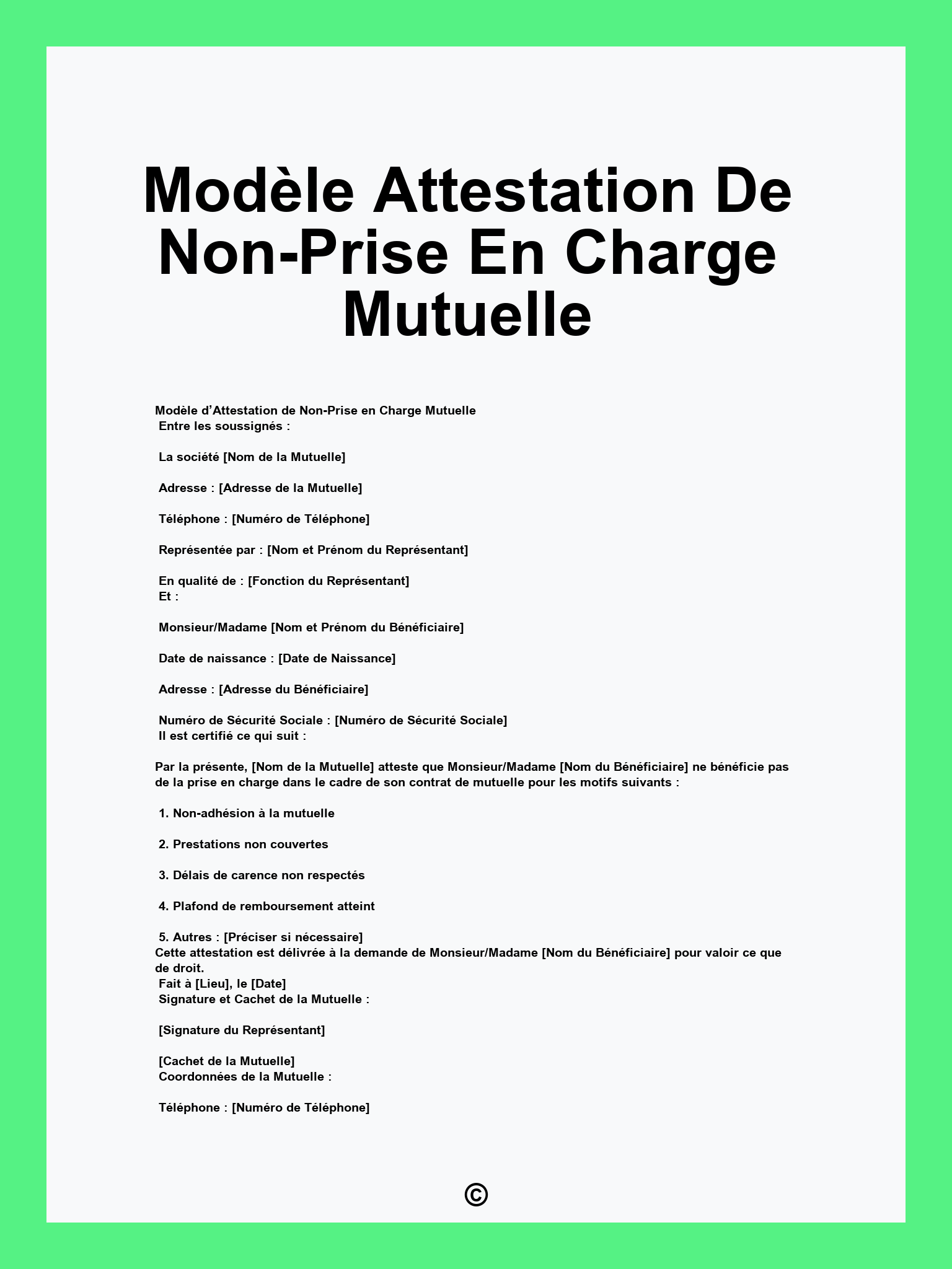 Modèle Attestation De Non-Prise En Charge Mutuelle