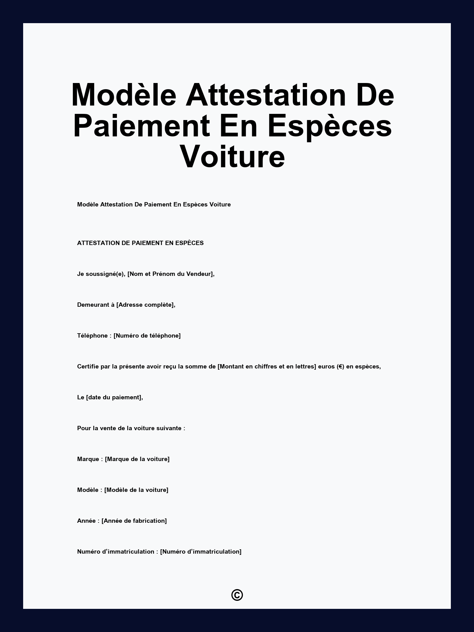 Modèle Attestation De Paiement En Espèces Voiture