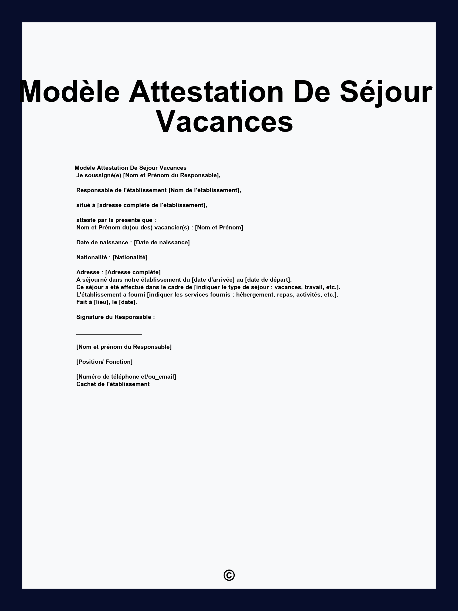 Modèle Attestation De Séjour Vacances