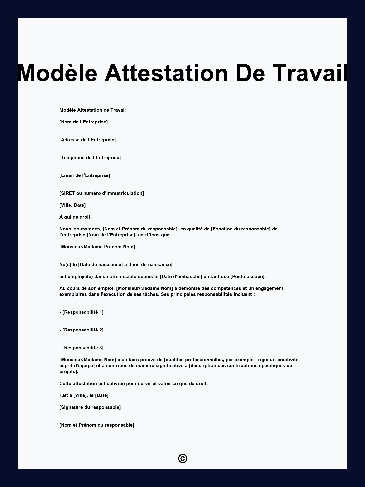 Modèle Attestation De Travail