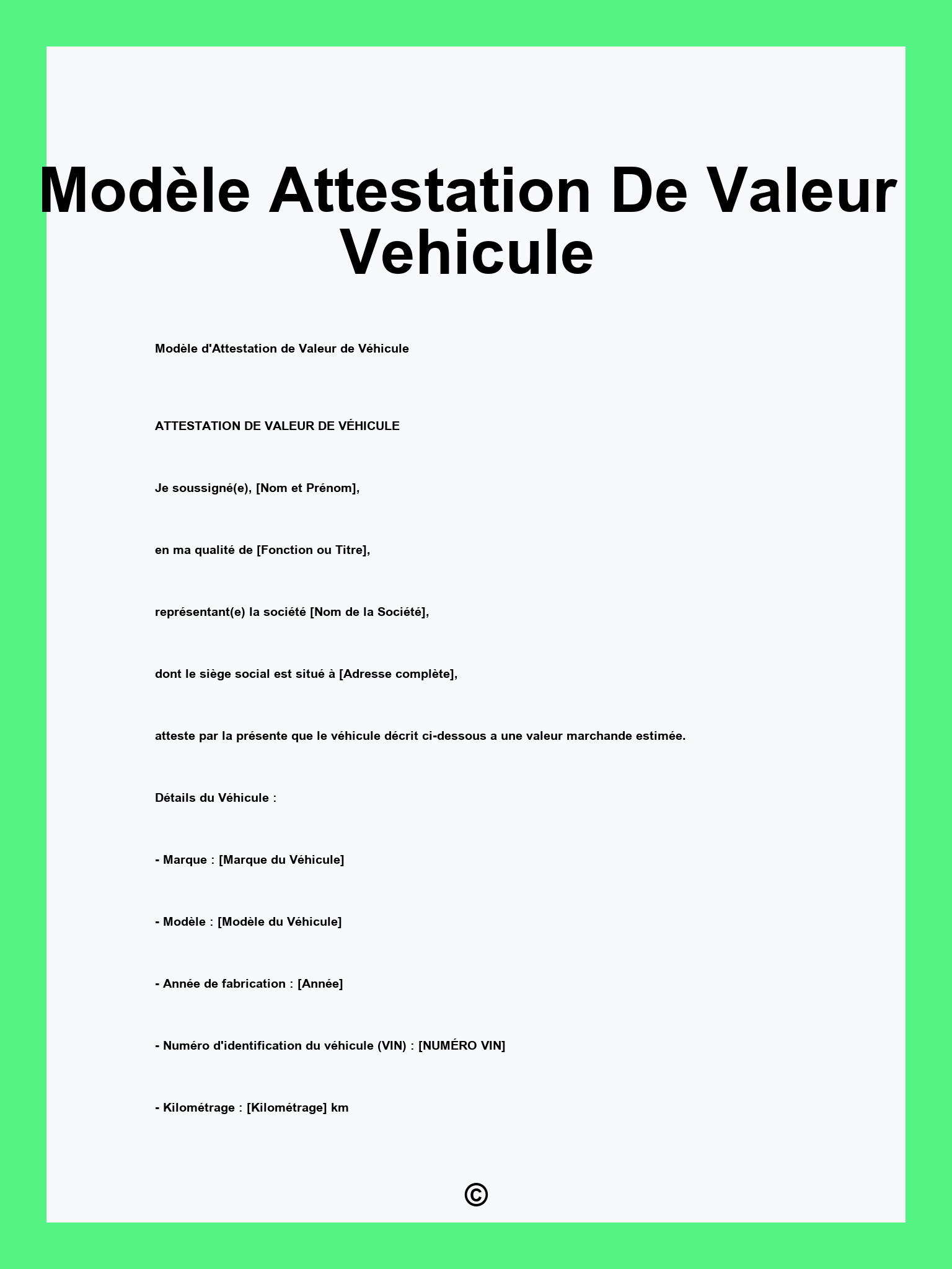 Modèle Attestation De Valeur Vehicule