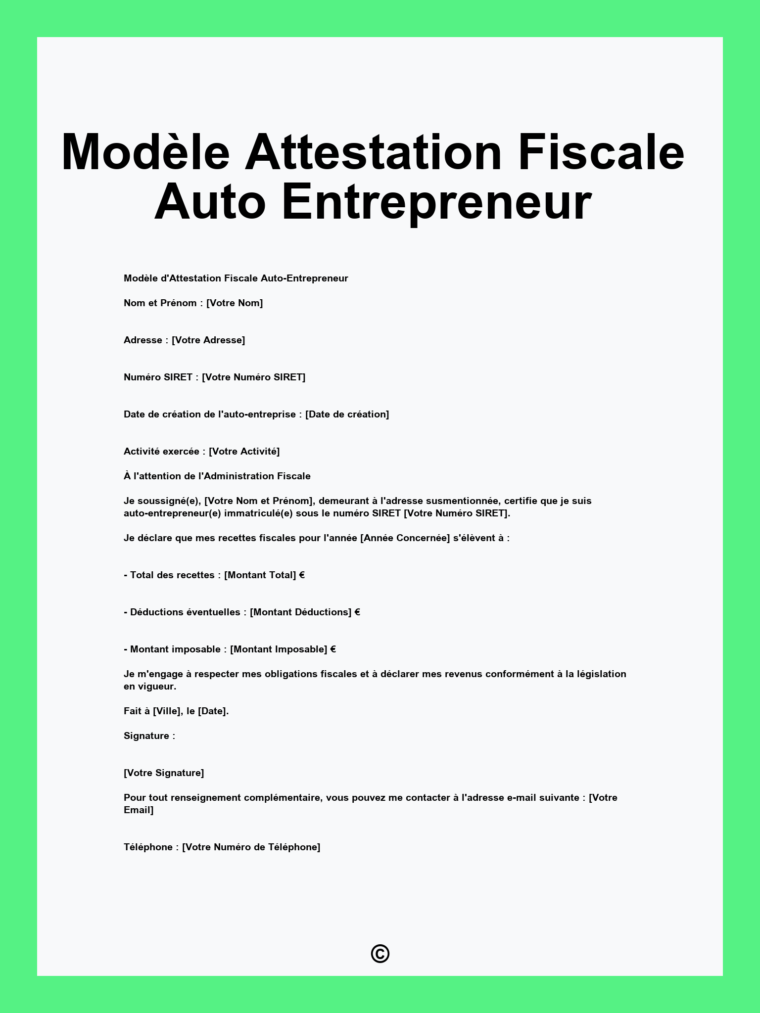 Modèle Attestation Fiscale Auto Entrepreneur