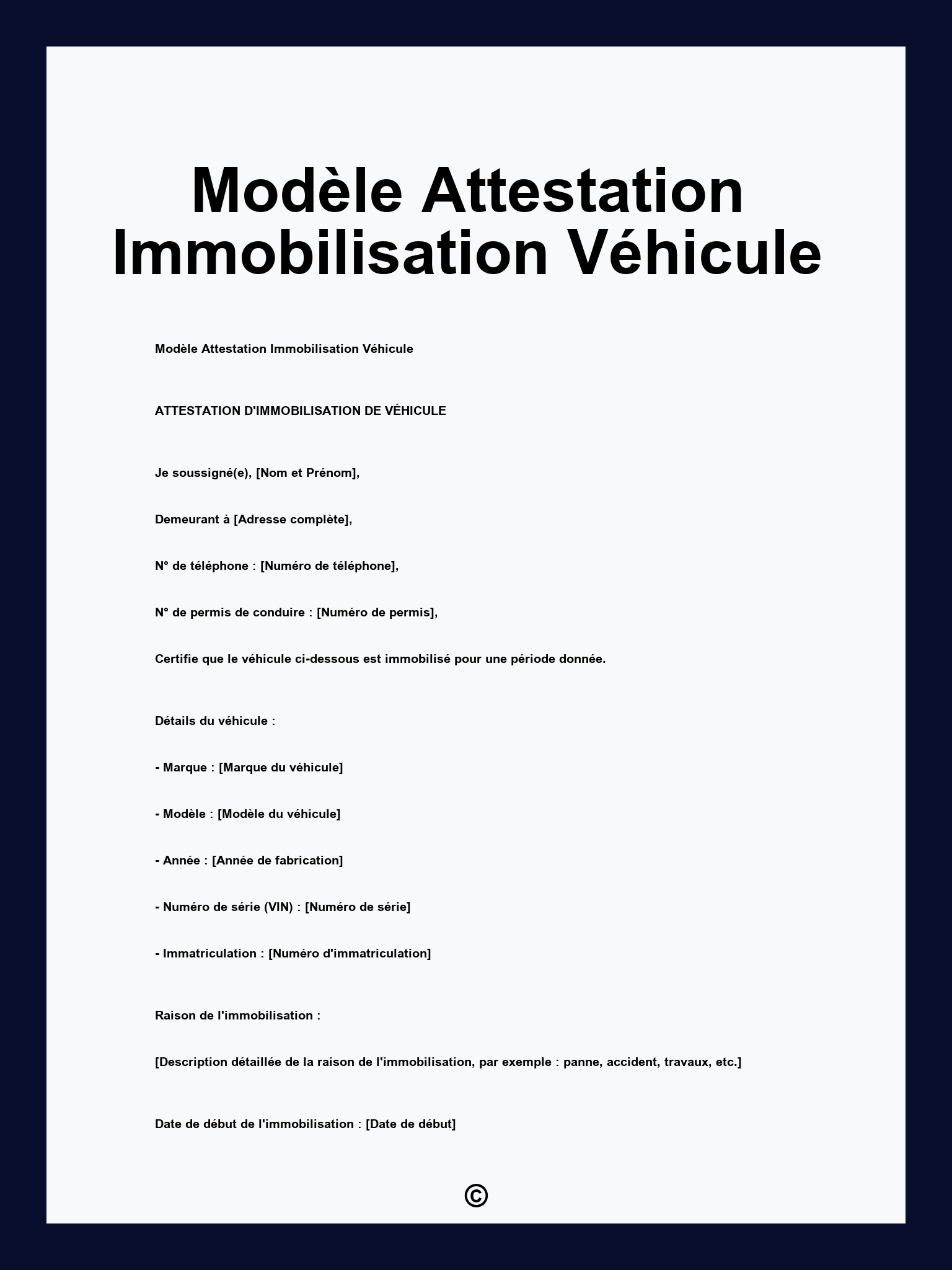 Modèle Attestation Immobilisation Véhicule