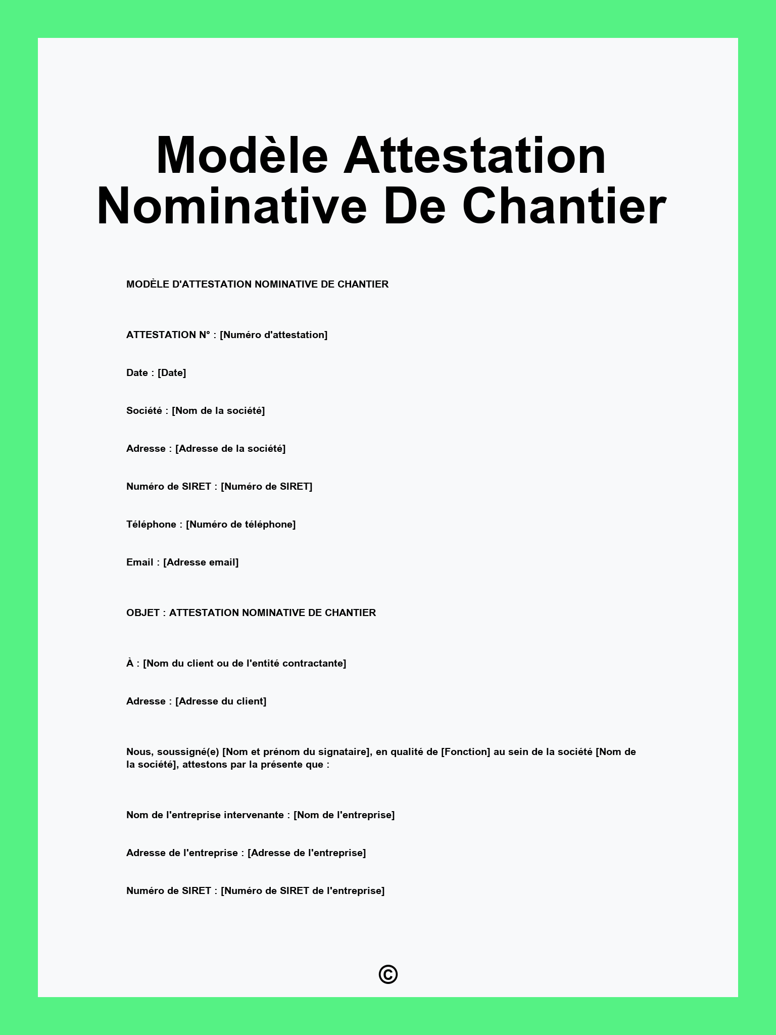 Modèle Attestation Nominative De Chantier