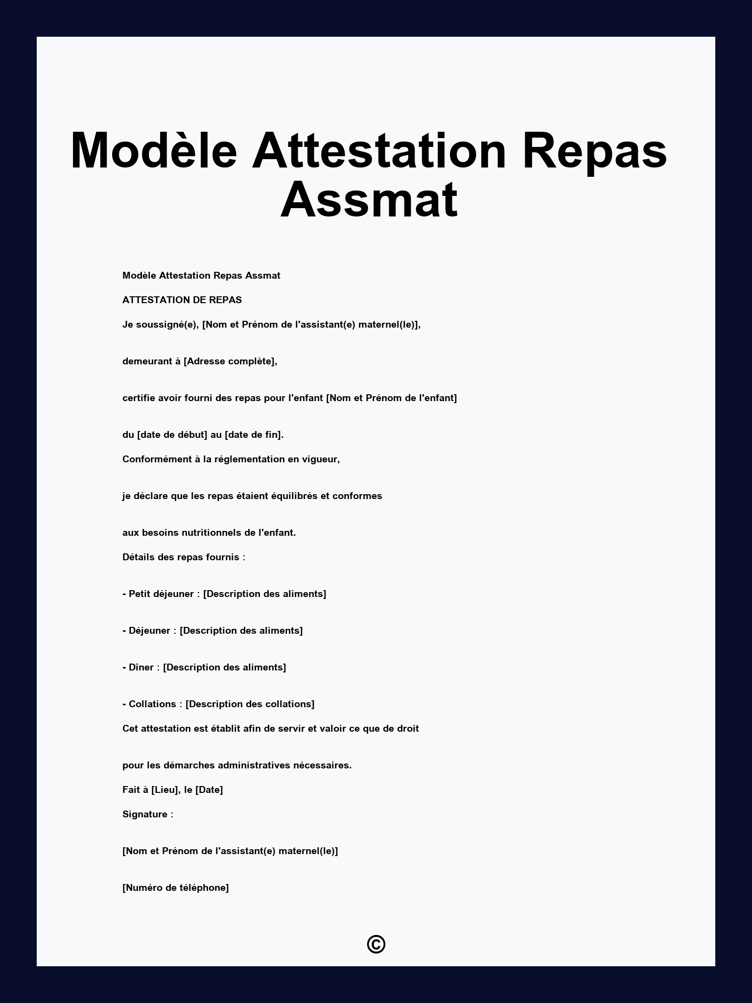 Modèle Attestation Repas Assmat