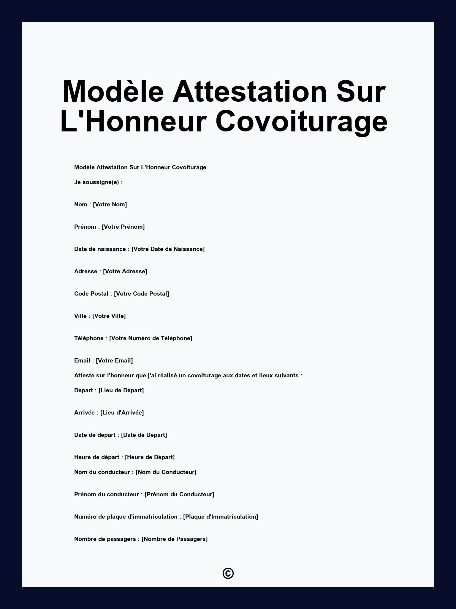 Modèle Attestation Sur L'Honneur Covoiturage