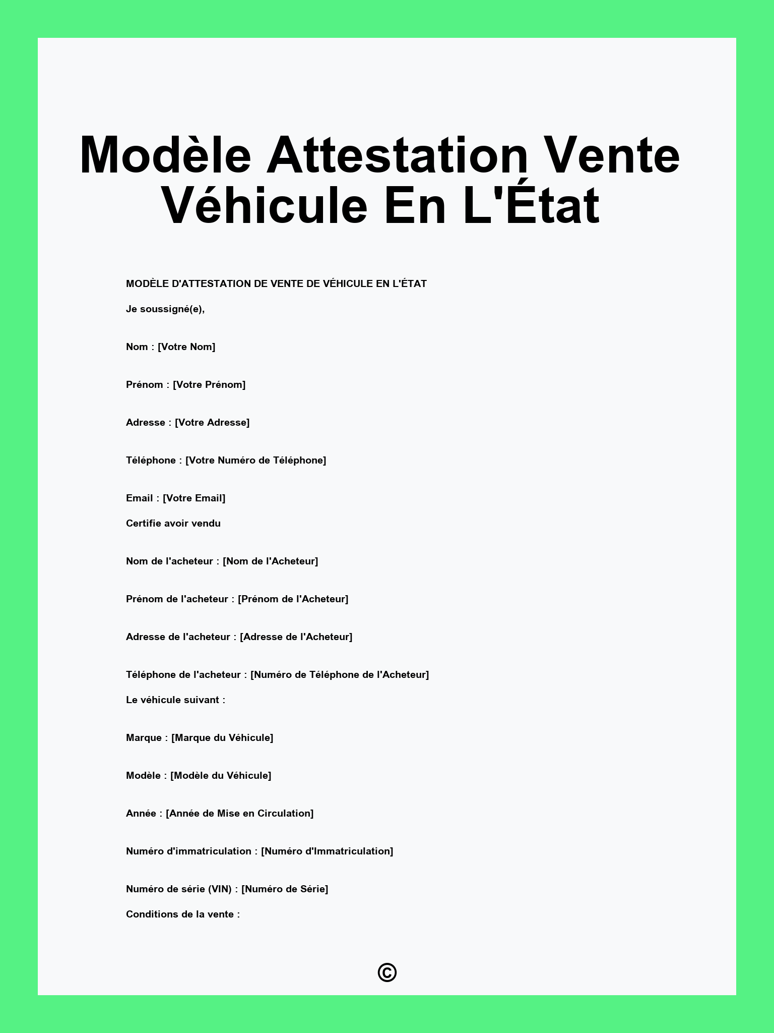 Modèle Attestation Vente Véhicule En L'État